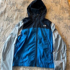 The North Face Blue and Gray Hooded windbreaker